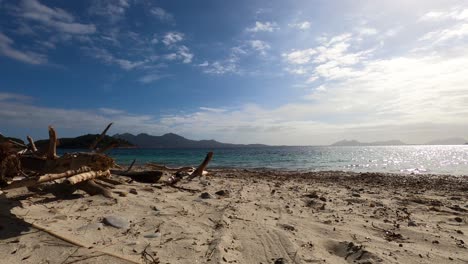 Zeitraffer-Von-Baumstämmen-An-Einem-Strand,-Küste-Von-Mallorca,-Sonniger-Tag,-Auf-Den-Balearen,-Spanien-–-Statische-Aufnahme