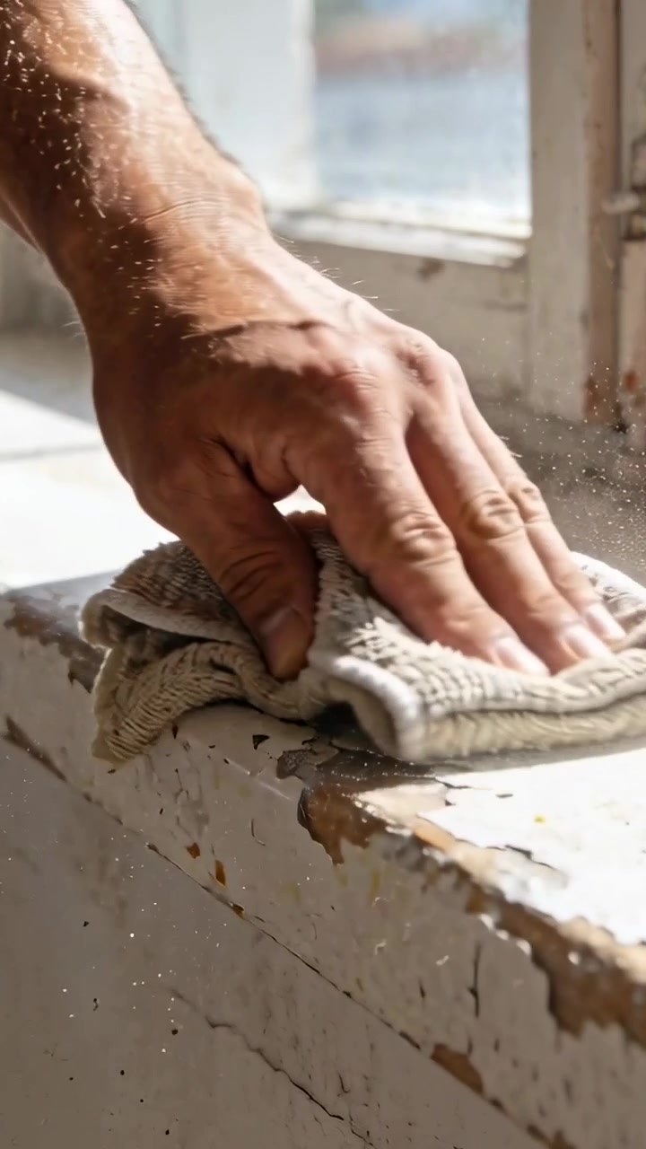 Vertical video: Noticing paint chips, man right hand wiping window sill with rag to fix, copy space