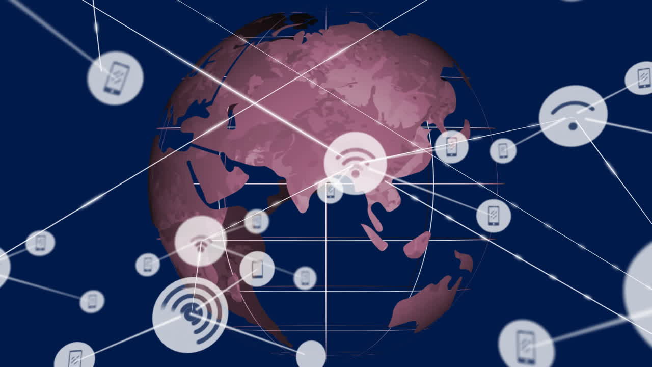 анимация сети соединений с иконами по всему миру