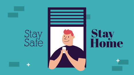 hombre usando teléfono inteligente en la ventana del apartamento campaña de quedarse en casa