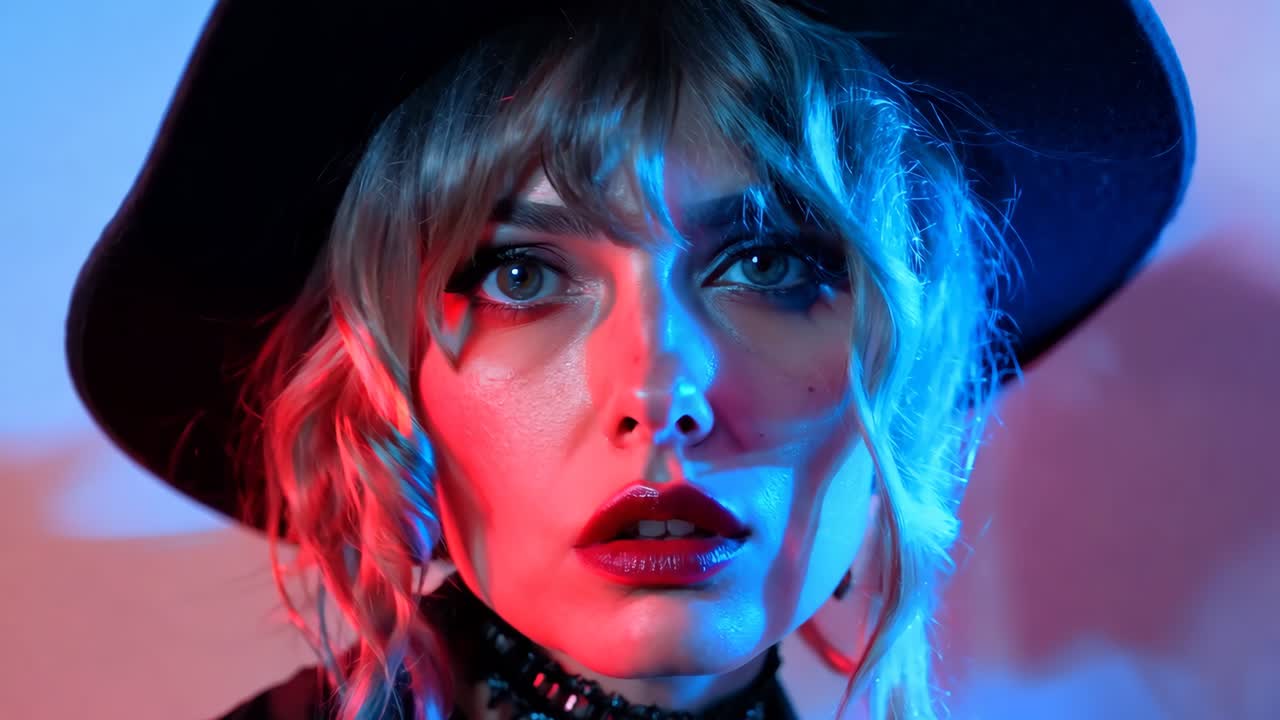 una mujer con un sombrero negro y lápiz labial rojo