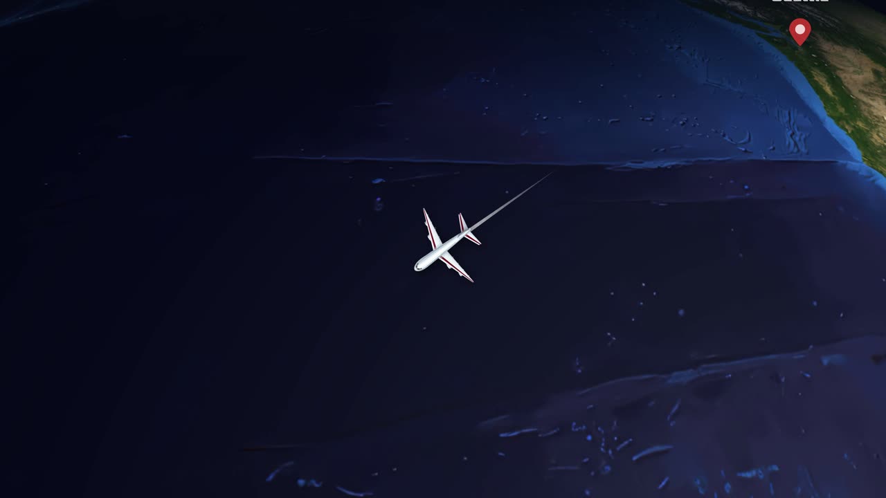Animación de vista satelital que sigue a un avión comercial cruzando el Océano Pacífico hacia Australia.