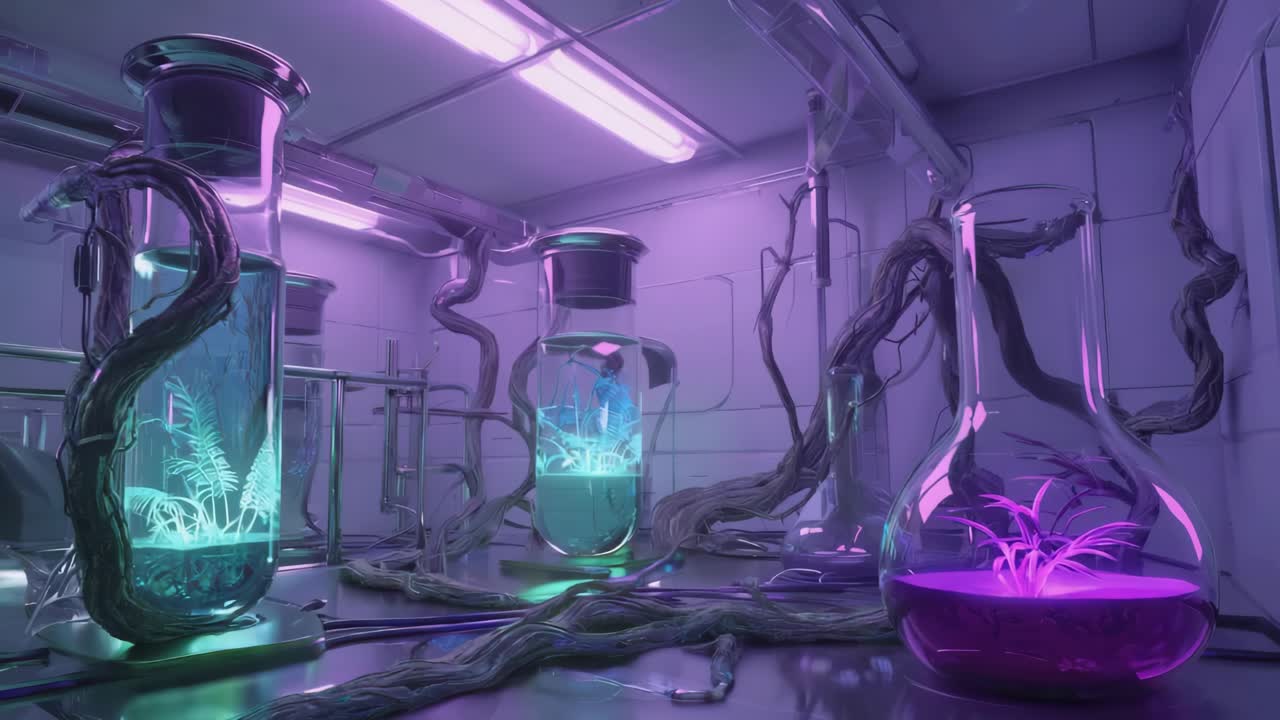 Futuristic laboratory with growing plants in test tubes