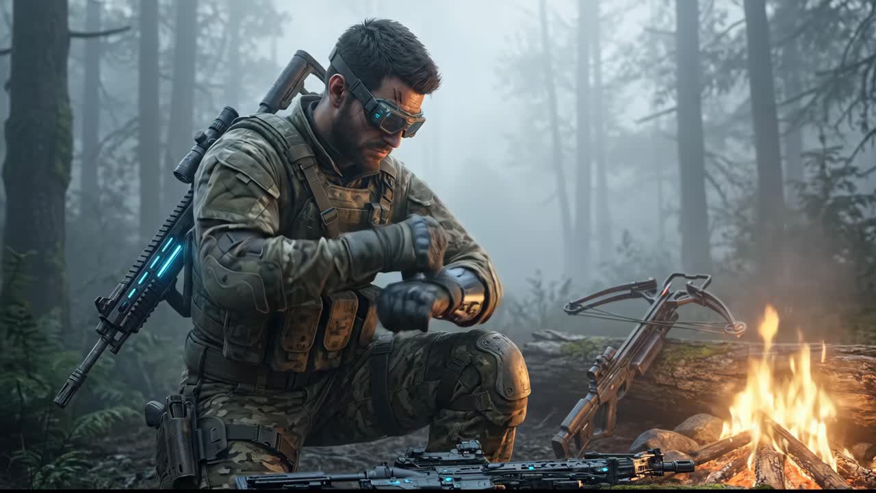 Soldat i taktisk utrustning med futuristiskt gevär i dimmig skog