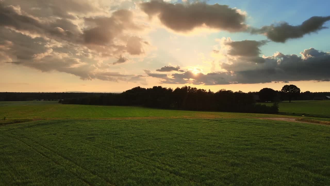 tranquilo campo verde con cielo nublado al atardecer cerca de hjo, suecia - toma aérea de drones