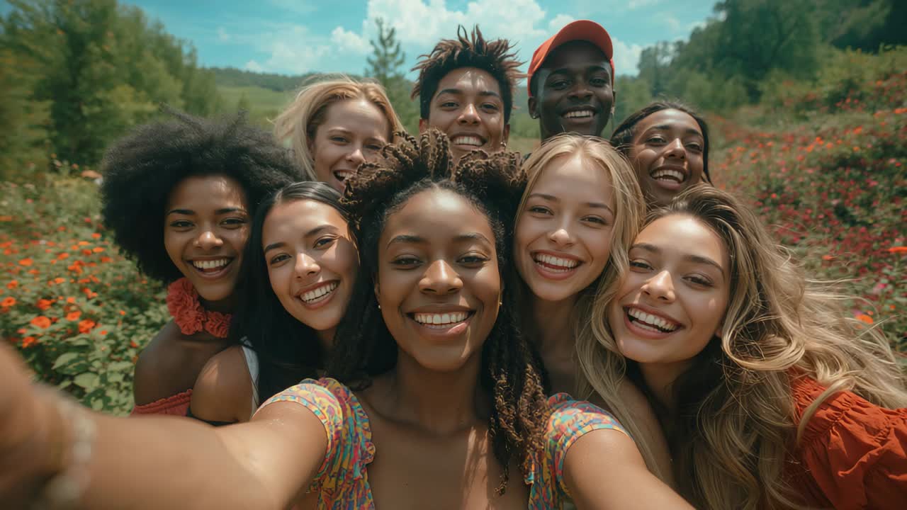 Extending arm, woman taking selfie by phone while friends in summerwear leaning, smiling in meadow