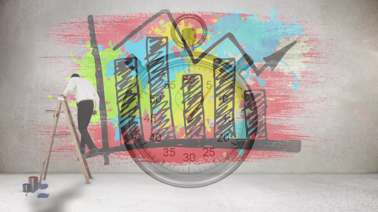 animación de estadísticas con un hombre de negocios en una escalera y un cronómetro