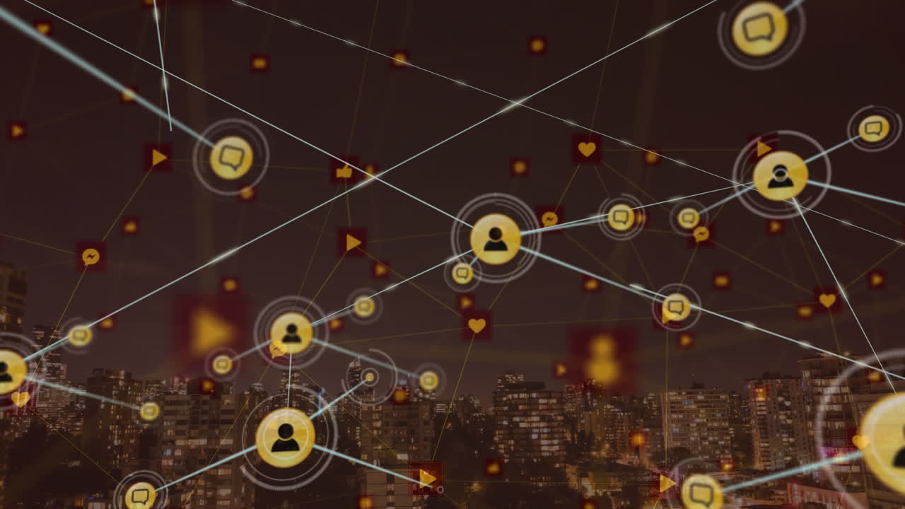 Animazione di una rete di connessioni con icone sul paesaggio cittadino