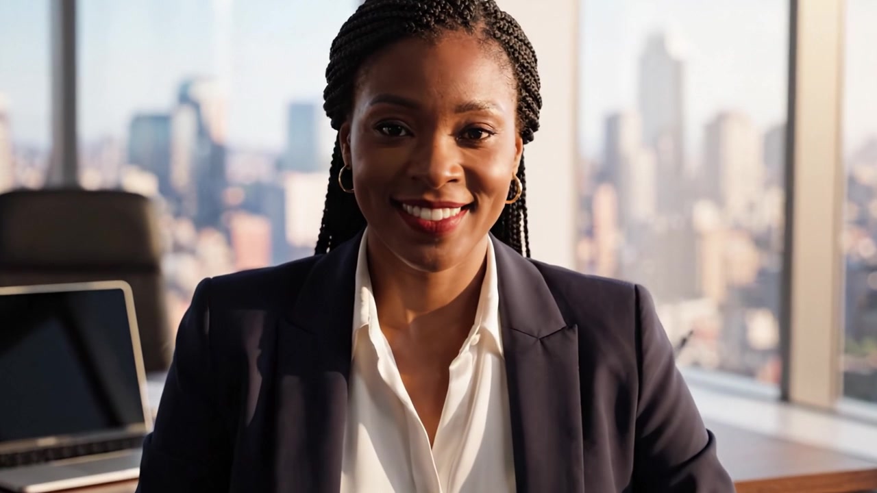 Confident Professional Woman in Office Setting, Radiating Success and Empowerment Against Cityscape Background