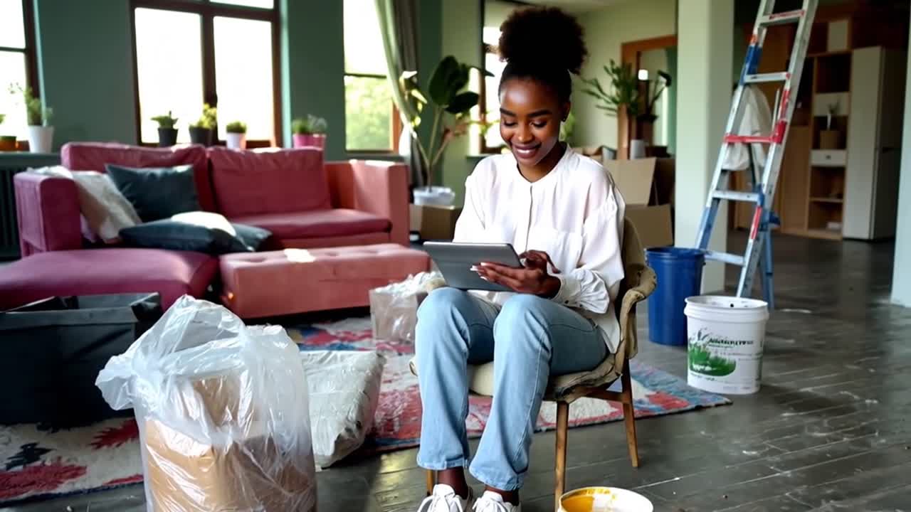 A woman is sitting in a chair in a living room, looking at a tablet