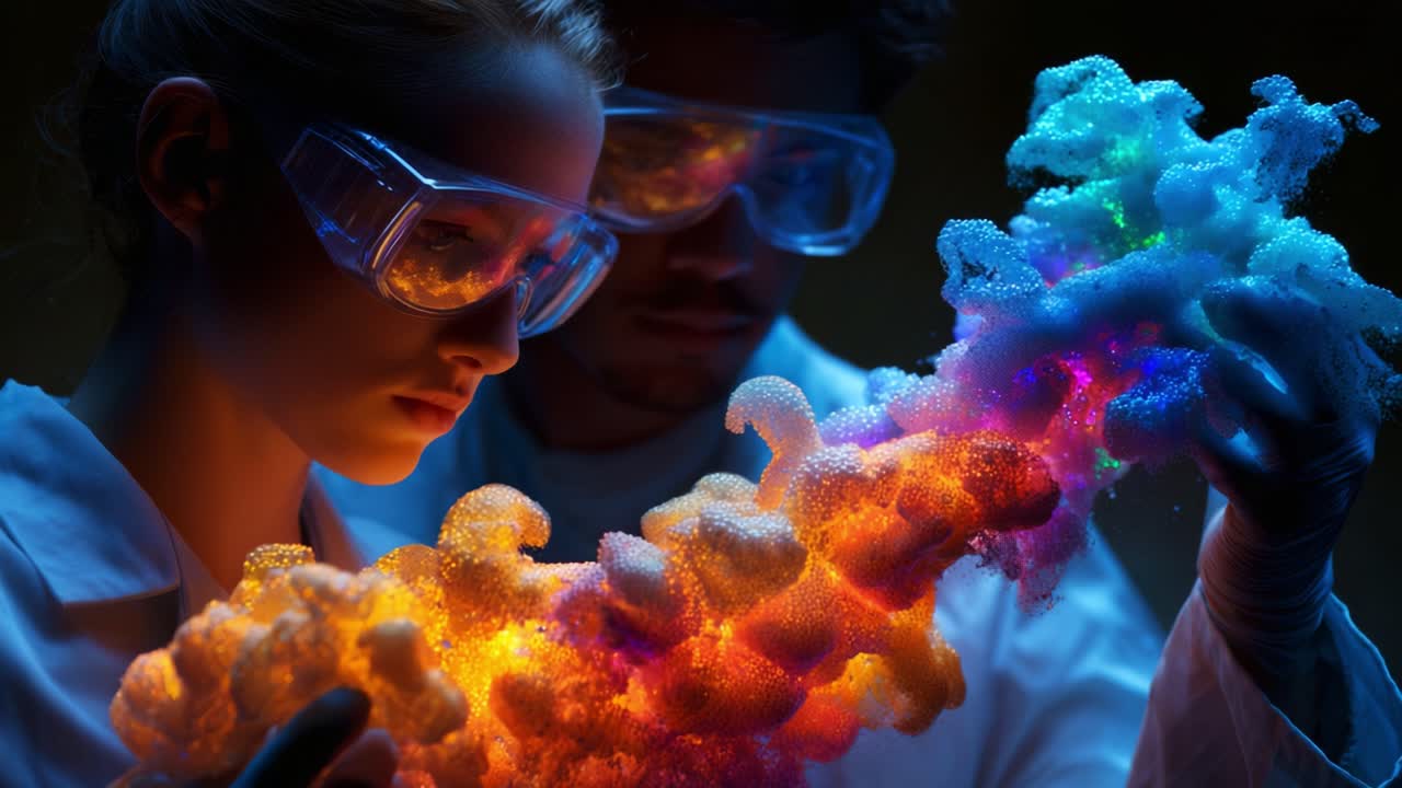 Two scientists engaged in a captivating experiment manipulate vibrant, glowing foam, showcasing the beauty of chemistry and creativity in their research under dim lighting
