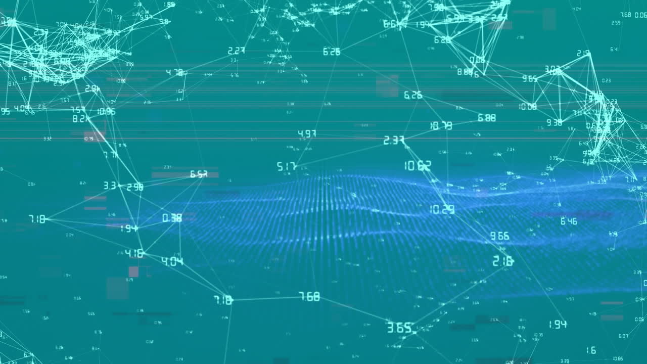 Digital animation of network of connections and digital wave against blue background