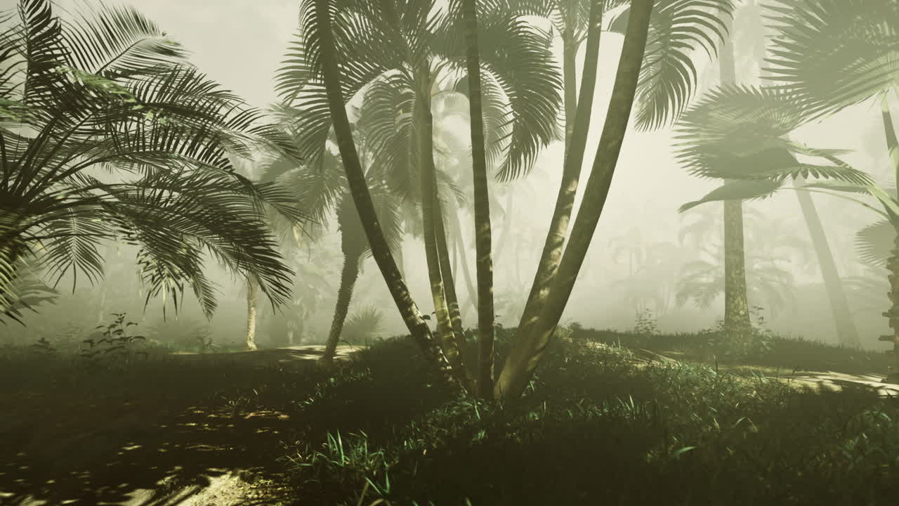 Lush tropical landscape shrouded in mist under soft morning light