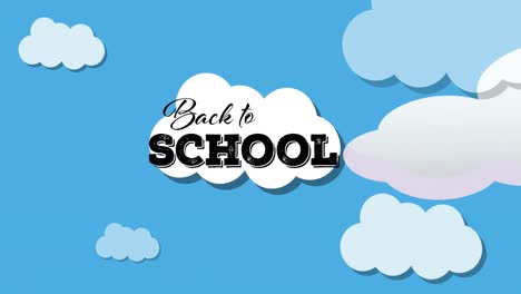 Animation-of-rocket-flying-across-black-back-to-school-text-on-white-cloud-in-blue-sky