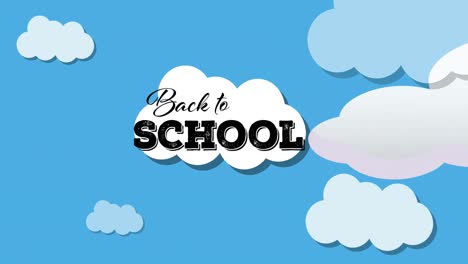 Animation-Einer-Rakete,-Die-über-Schwarzen-Back-to-School-Text-Auf-Einer-Weißen-Wolke-Am-Blauen-Himmel-Fliegt