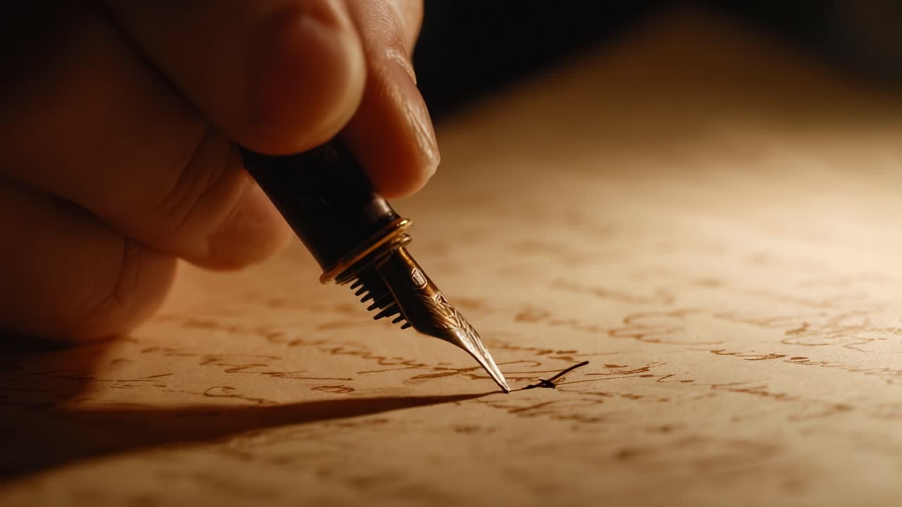 Skrivekunsten: Indfang essensen af kalligrafi og udtryk gennem den indviklede bevægelse af en fyldepen, der glider hen over antikt papir i et blødt, ambient lys.