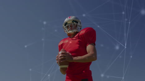 american football player holding ball, network connections animation over blue sky