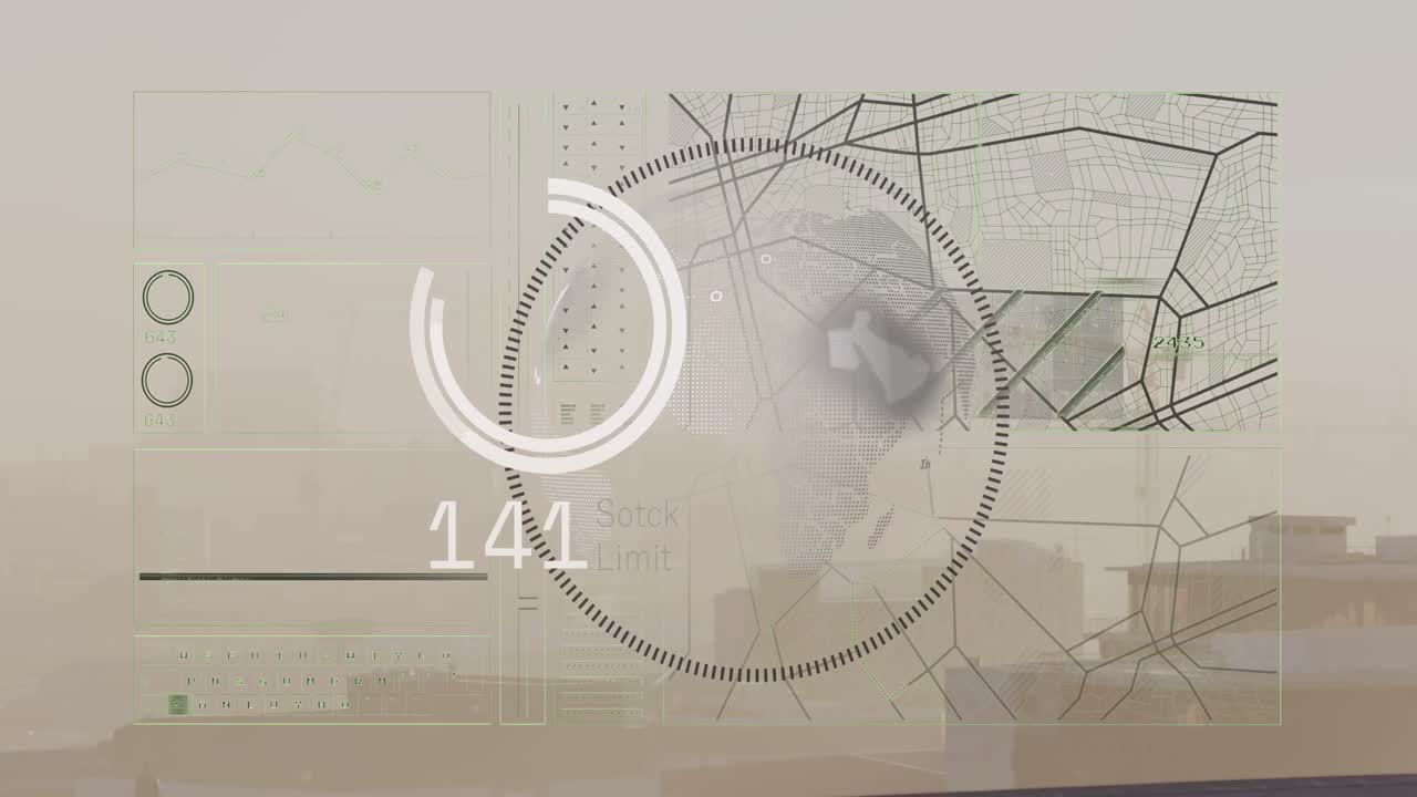 Animation of financial data processing over cityscape