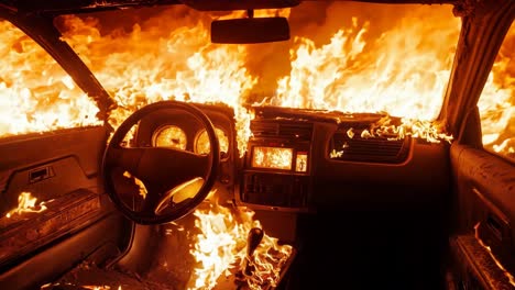 a car is engulfed by flames in the dark