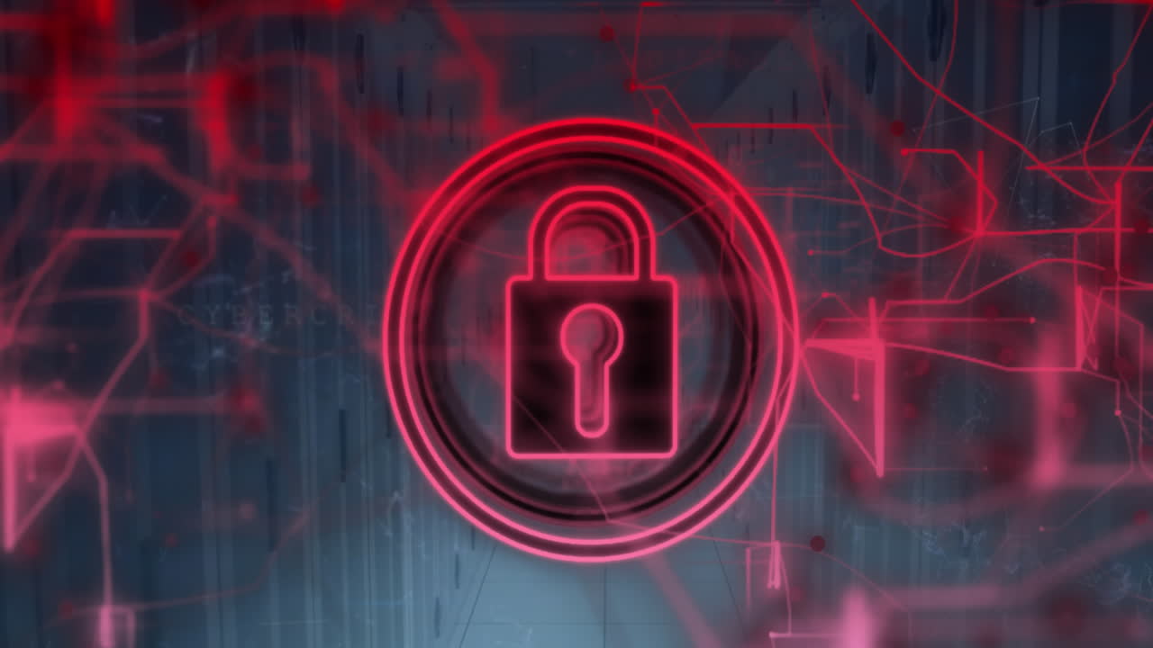 animación del icono del candado y procesamiento de datos a través de servidores informáticos.