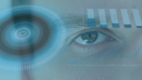 animación del escaneo del alcance y el procesamiento de datos sobre el ojo del hombre en el fondo