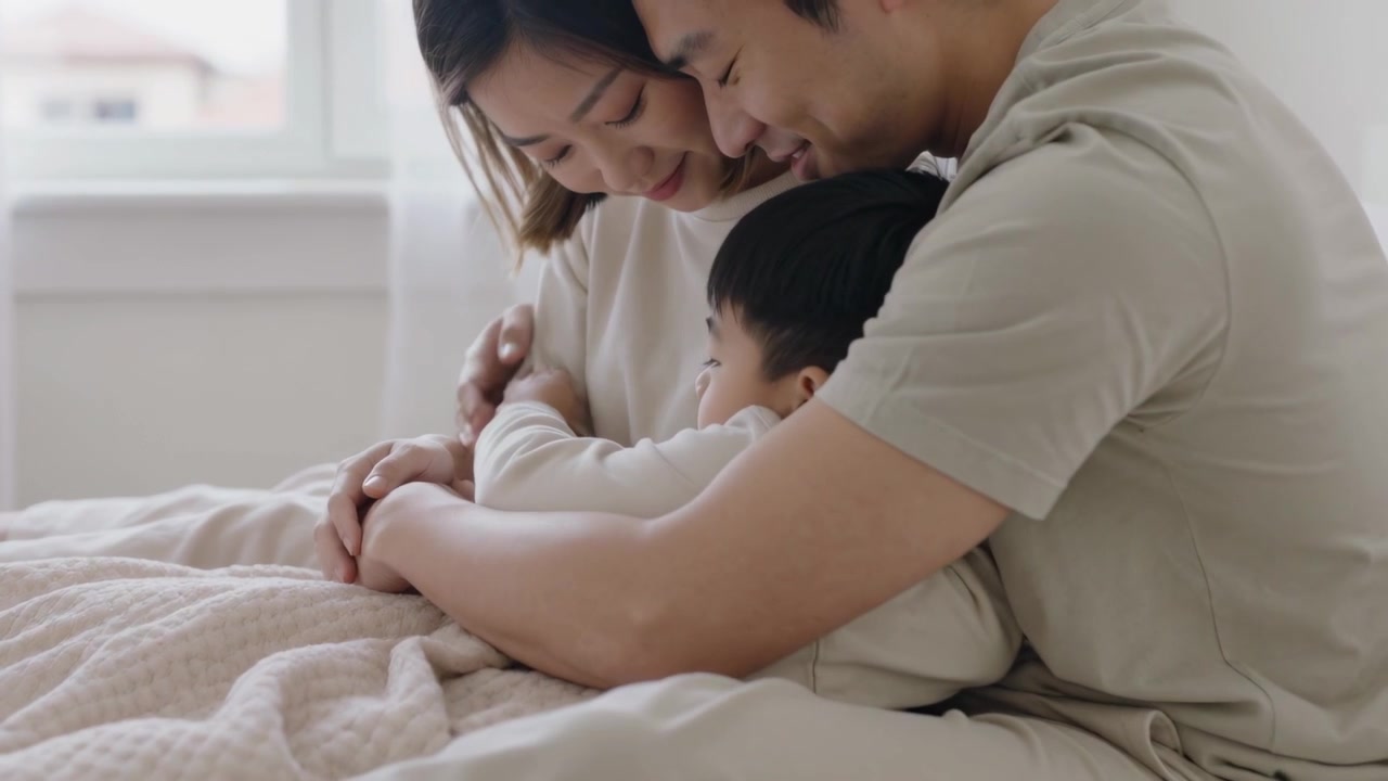 가벼운 실내복 차림의 부모가 침대 위 아이에게 고개를 숙여 담요로 위로하는 모습