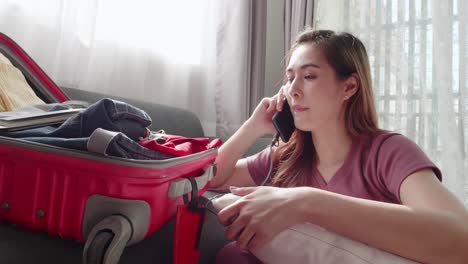 woman serious checking before traveling the new normal travel need a face mask