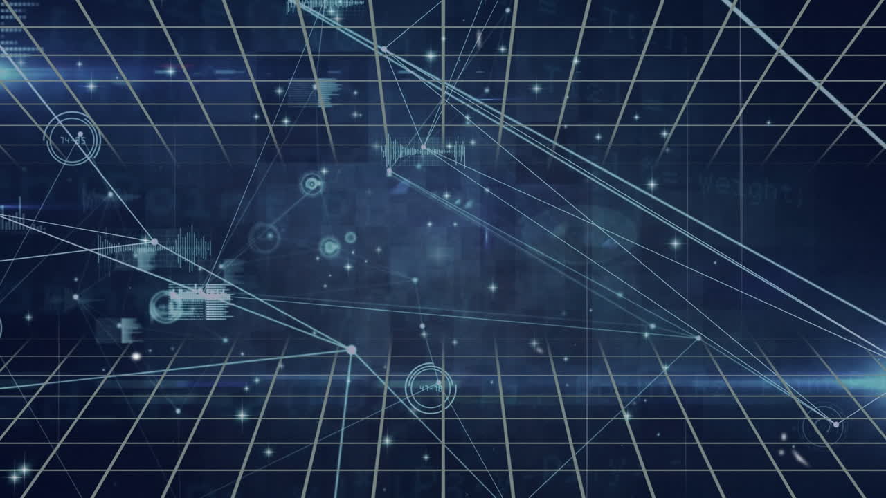 Animation of network of connections with icons over grid and data processing