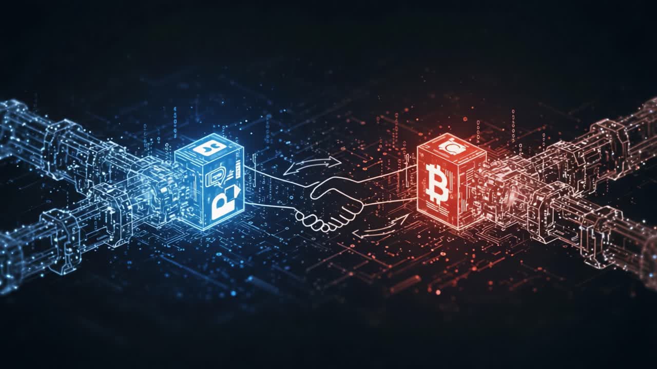 Innovative Collaboration Between Digital Assets and Blockchain Technology Illustrated Through Symbolic Exchange of Cryptocurrency and Secure Transactions