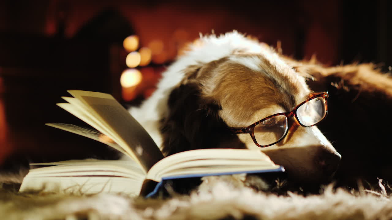 perro con gafas junto a un libro abierto y una chimenea