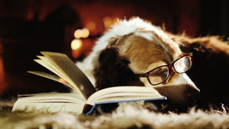 Hund-Mit-Brille-Neben-Offenem-Buch-Und-Kamin