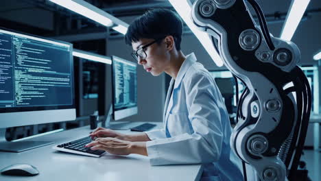 scientist programming robotics in a high-tech laboratory