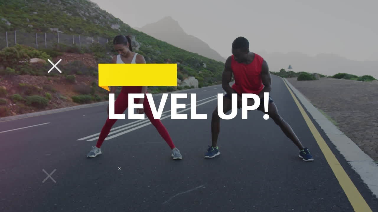Animation of words level up and yellow bar over couple exercising on mountain road