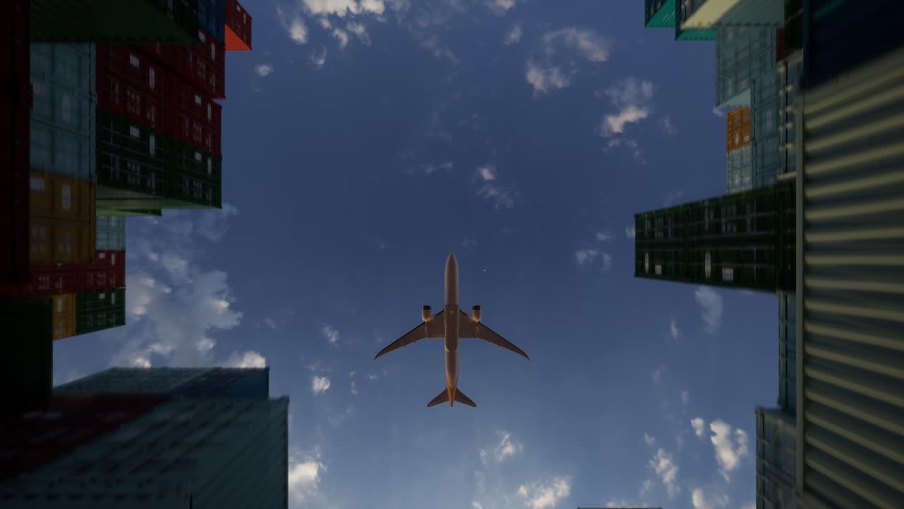 Logística de carga aérea, avión volando sobre contenedores de envío.