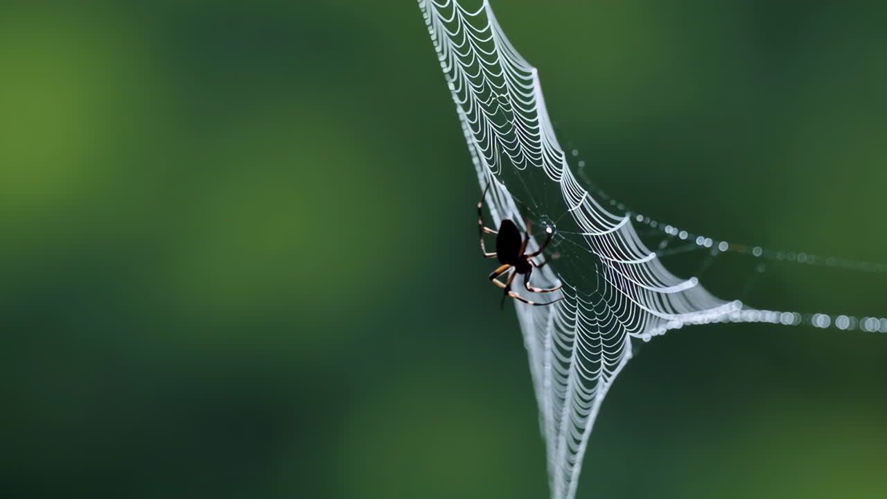 A spider on a delicate spiderweb with a green background