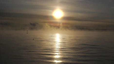 nebel, nebel über dem meer mit sonnenuntergang