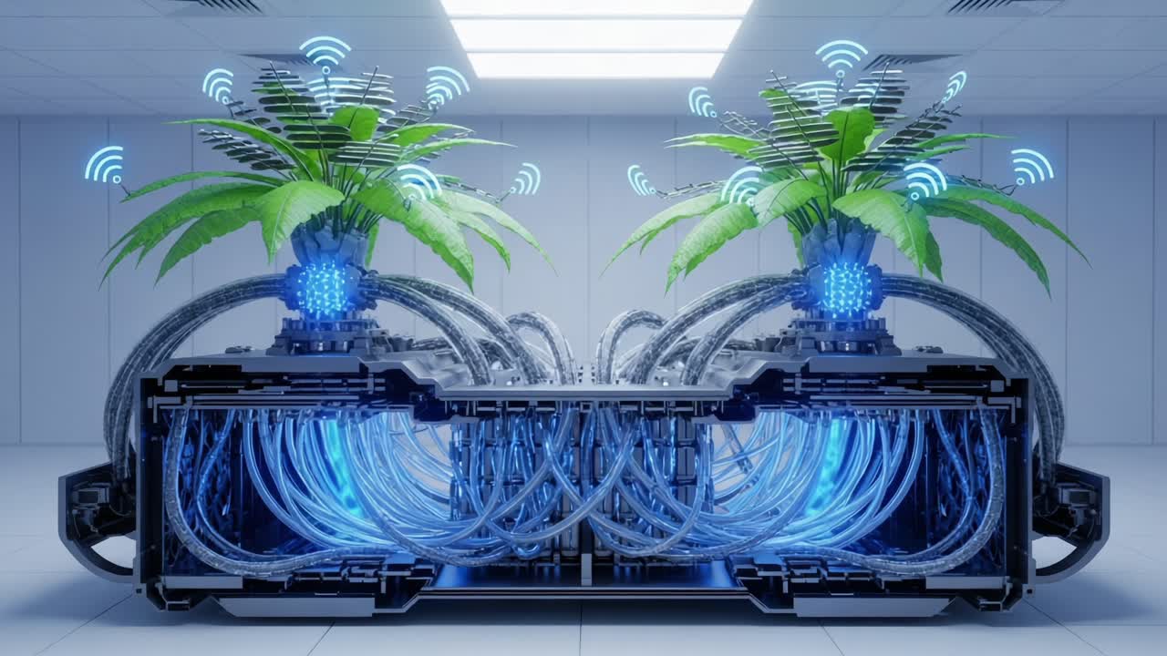 A Futuristic Representation of Nature and Technology Intertwined: A Hybrid System of Lush Greenery and Advanced Connectivity Elements Creating a Unique Visual Experience