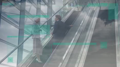 animation of digital interface over multiracial colleagues talking while standing on escalator