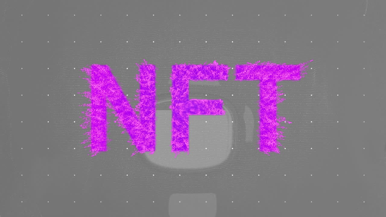 NFT letters forming from magenta pixels and glitch edges, floating over gray wireframe in 3D render