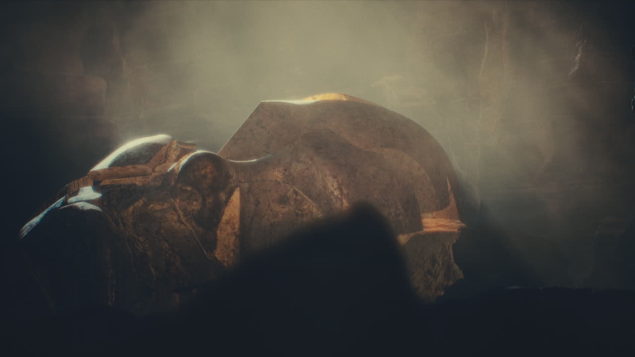 A head of the giant ancient deity statue hidden in a cave