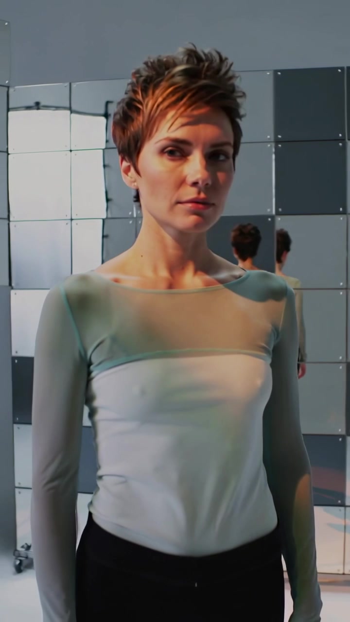 Vídeo vertical: Modelo com blusa verde girando de perfil para a câmera em estúdio com espelhos