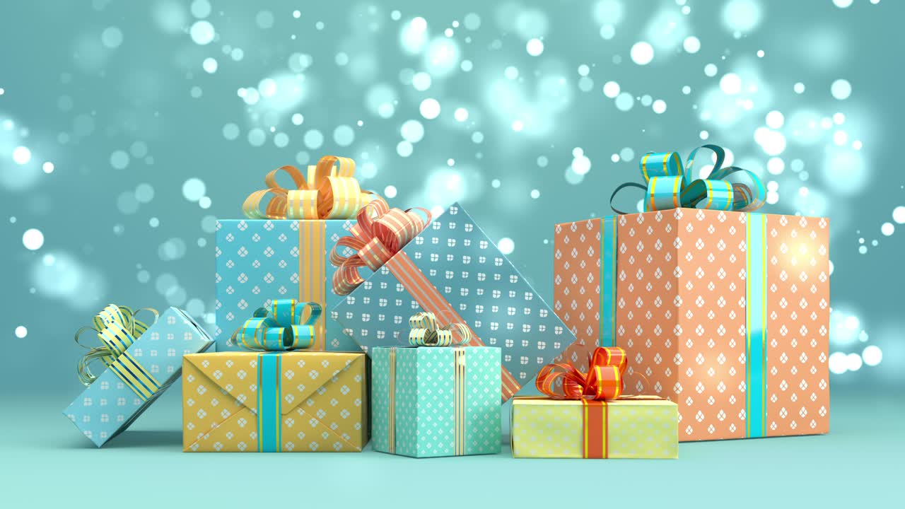 파란색 배경에 내리는 눈 입자가 있는 선물 상자 세트: 선택적인 초점, 3d 애니메이션, 크리스마스 컨셉 아이디어