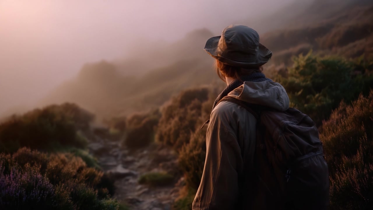 A Solitary Hiker Contemplates the Misty Landscape at Dawn, Surrounded by Heathers and Nature's Tranquility in a Soft, Ethereal Light