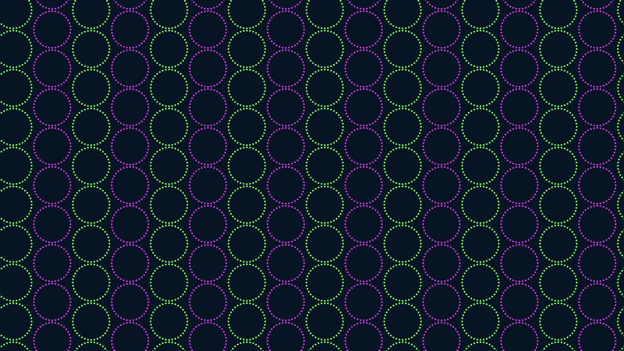 Filmato di sfondo astratto e continuo con cerchi puntinati al neon in un motivo a griglia ripetuto su sfondo scuro, ideale per motion design, visual tech e sovrapposizioni moderne