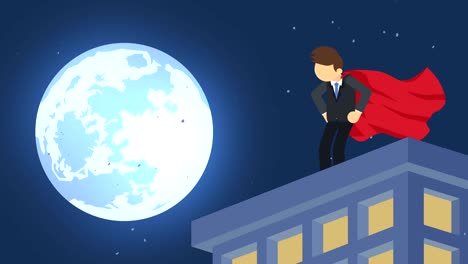 superhero in moonlight city. standing over skyscraper. business symbol. leadership and challenge concept. comic loop animation.