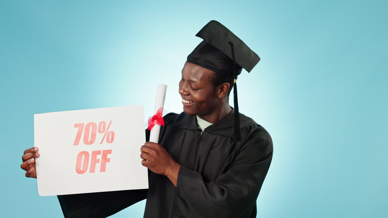 Graduation, sales sign or happy black man