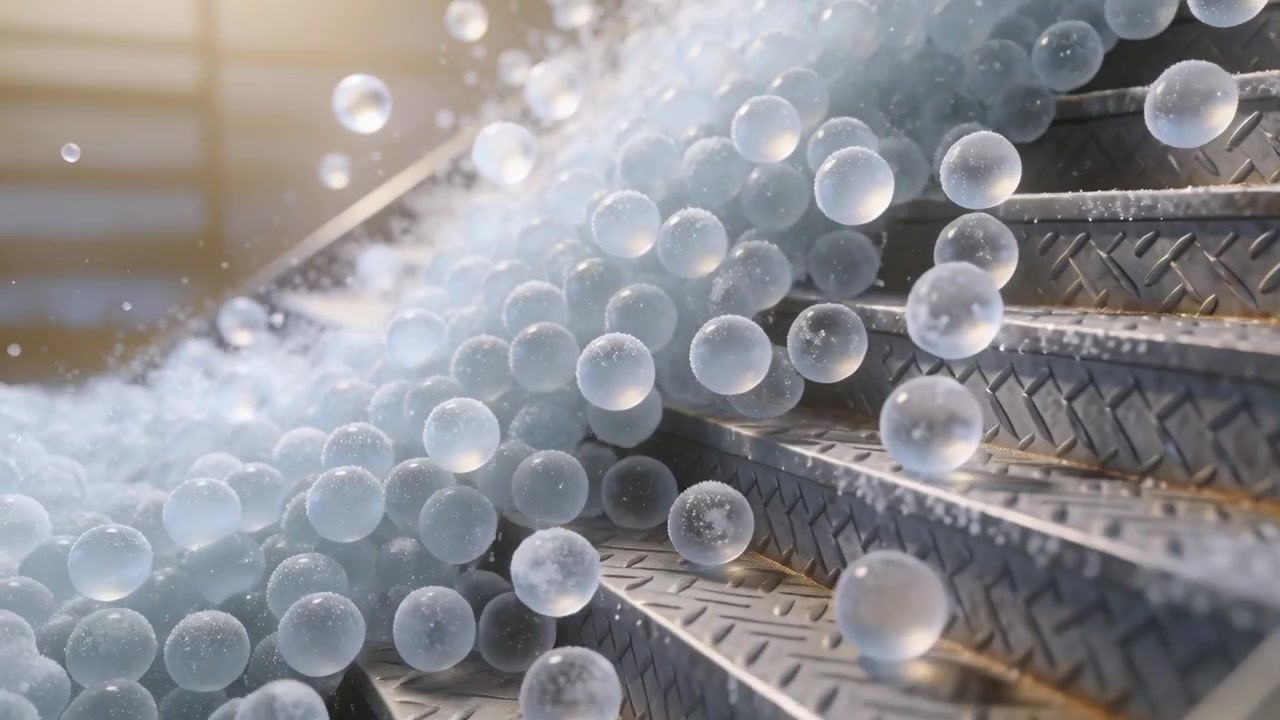 Che culmina in alto a sinistra, un denso flusso di palline trasparenti si riversa lungo gradini metallici inclinati, con nebbia.