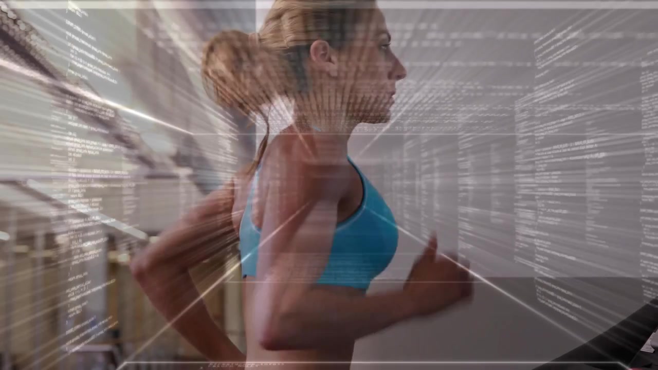 Woman starting run on treadmill for fitness, translucent code-like overlay sweeping across torso