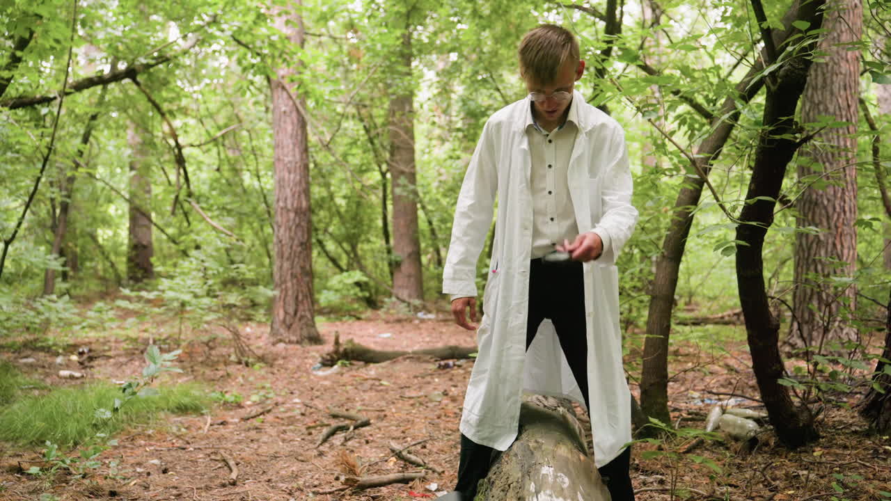 Young man in white coat and glasses walking forest path holding black bag, stepping over fallen stump, placing bag down and preparing to observe stump with microscope among dense woodland trees