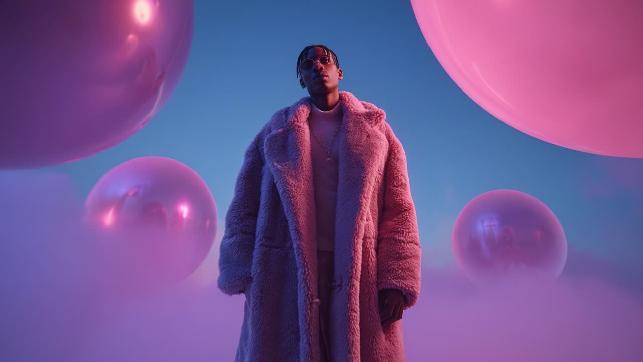 A striking portrait of a stylish individual in a fluffy pink coat surrounded by glowing spheres and a dreamy mist, capturing a surreal blend of fashion and ethereal ambiance in pastel colors